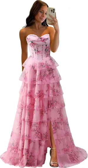 Strapless Prom Dresses for Women 2025 Chiffon Layered Formal Evening Dress A Line Corset Party Gowns with Slit