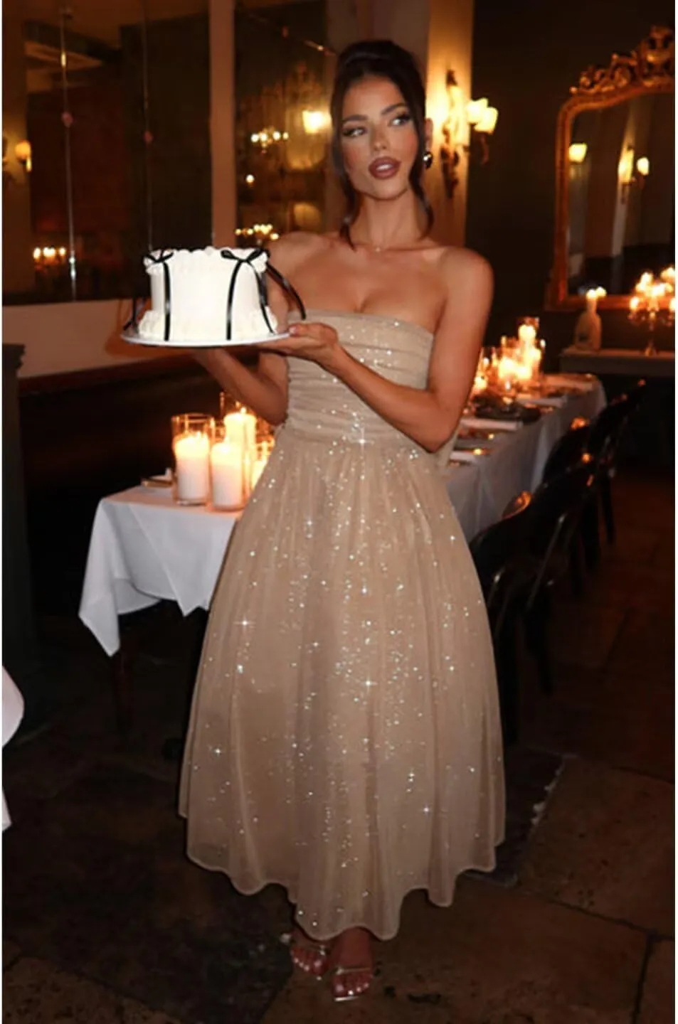 Strapless Sparkly Tulle Prom Dress for Women Midi Dresses Bow on Back Formal Evening Party Gown
