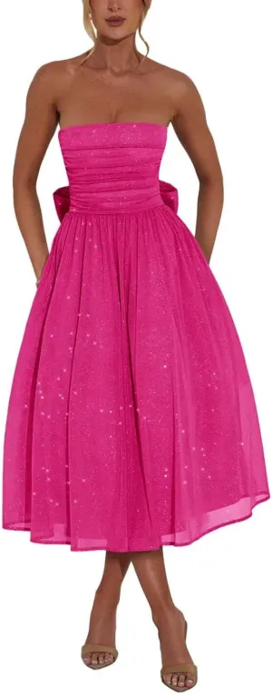 Strapless Sparkly Tulle Prom Dress for Women Midi Dresses Bow on Back Formal Evening Party Gown