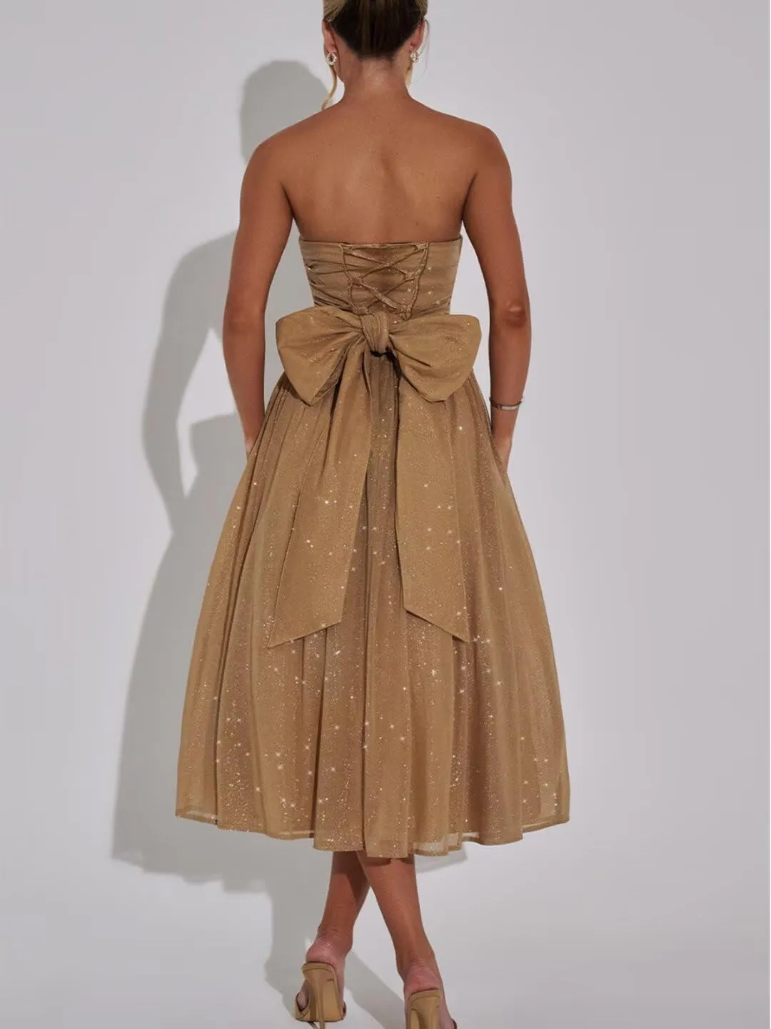 Strapless Sparkly Tulle Prom Dress for Women Midi Dresses Bow on Back Formal Evening Party Gown