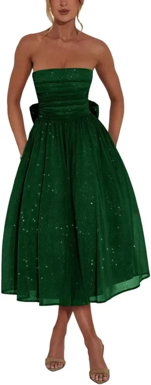 Strapless Sparkly Tulle Prom Dress for Women Midi Dresses Bow on Back Formal Evening Party Gown