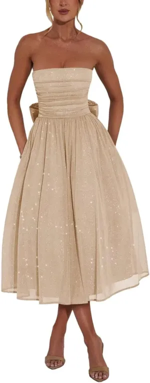 Strapless Sparkly Tulle Prom Dress for Women Midi Dresses Bow on Back Formal Evening Party Gown