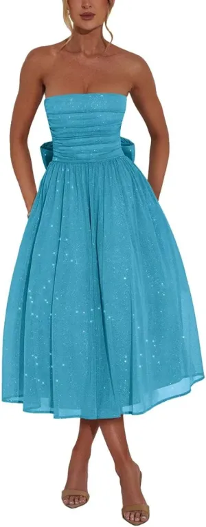 Strapless Sparkly Tulle Prom Dress for Women Midi Dresses Bow on Back Formal Evening Party Gown