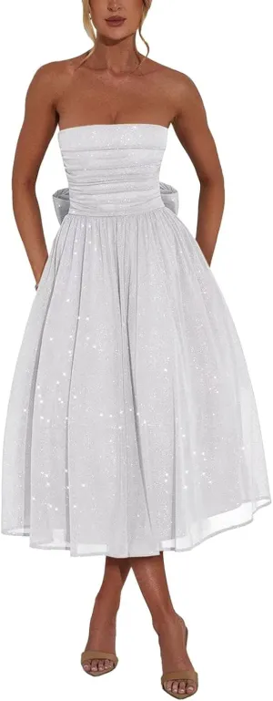 Strapless Sparkly Tulle Prom Dress for Women Midi Dresses Bow on Back Formal Evening Party Gown