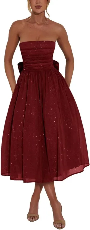 Strapless Sparkly Tulle Prom Dress for Women Midi Dresses Bow on Back Formal Evening Party Gown