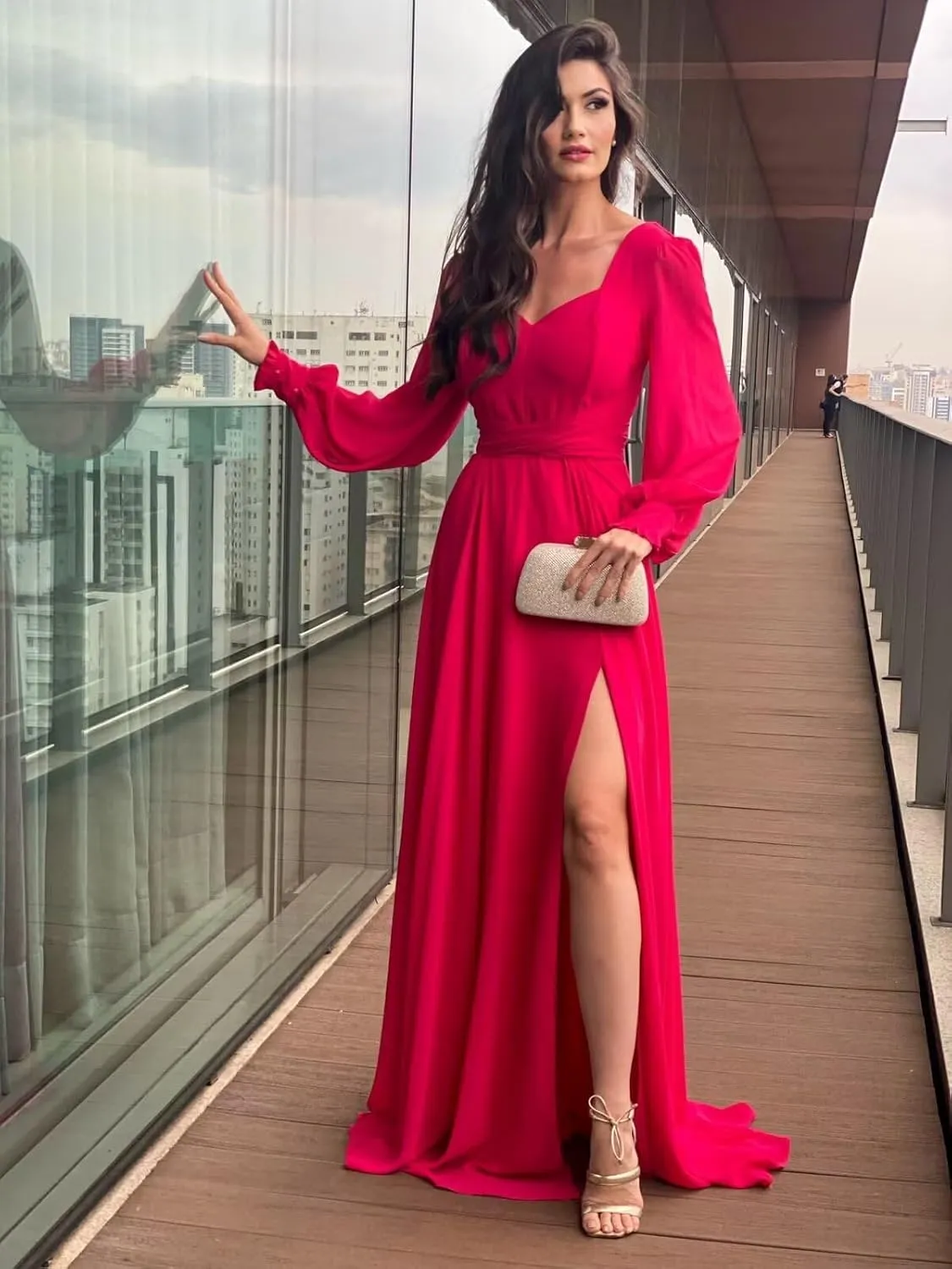 Sukleet Long Sleeve Bridesmaid Dresses with Slit A Line Pleated Chiffon Formal Evening Gowns for Women