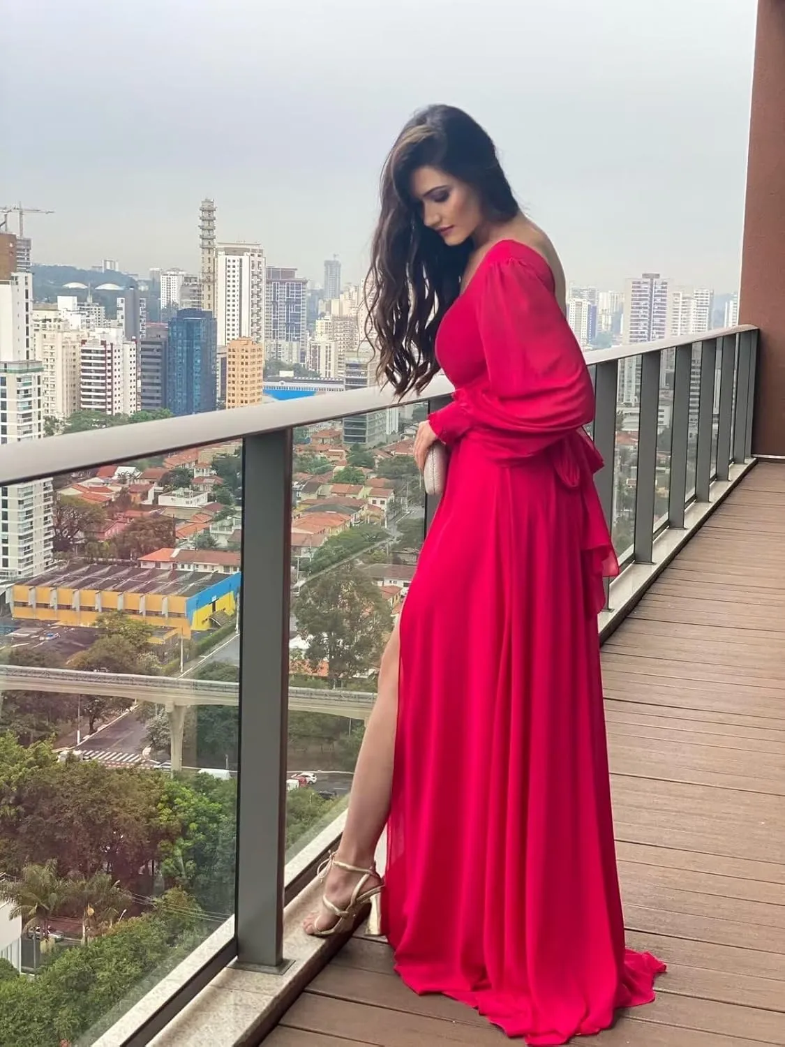 Sukleet Long Sleeve Bridesmaid Dresses with Slit A Line Pleated Chiffon Formal Evening Gowns for Women