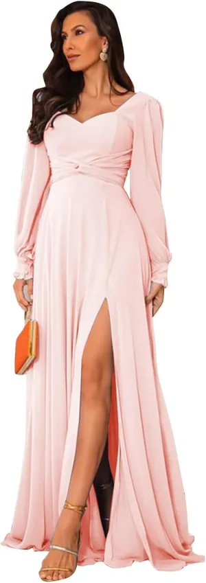 Sukleet Long Sleeve Bridesmaid Dresses with Slit A Line Pleated Chiffon Formal Evening Gowns for Women