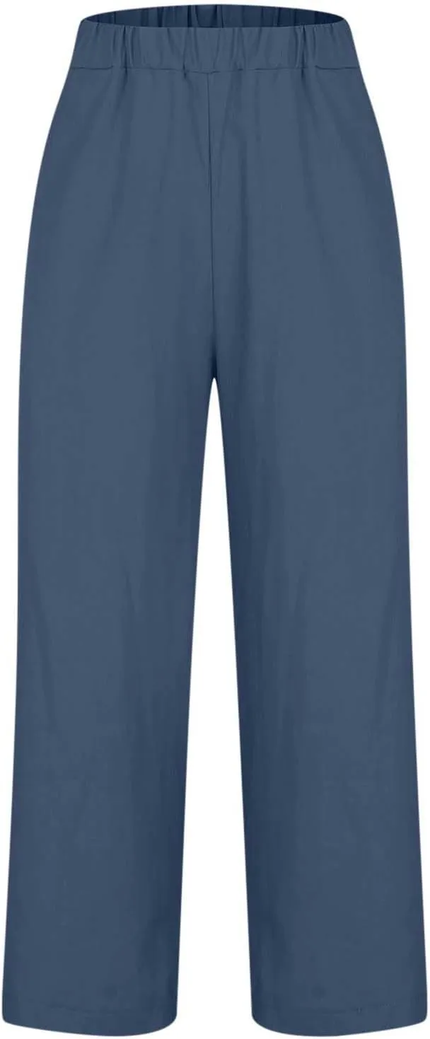 Summer Cotton Linen Pants for Women 2024 Plus Size Causal Straight Leg Cropped Lounge Pant Beach Vacation Trousers