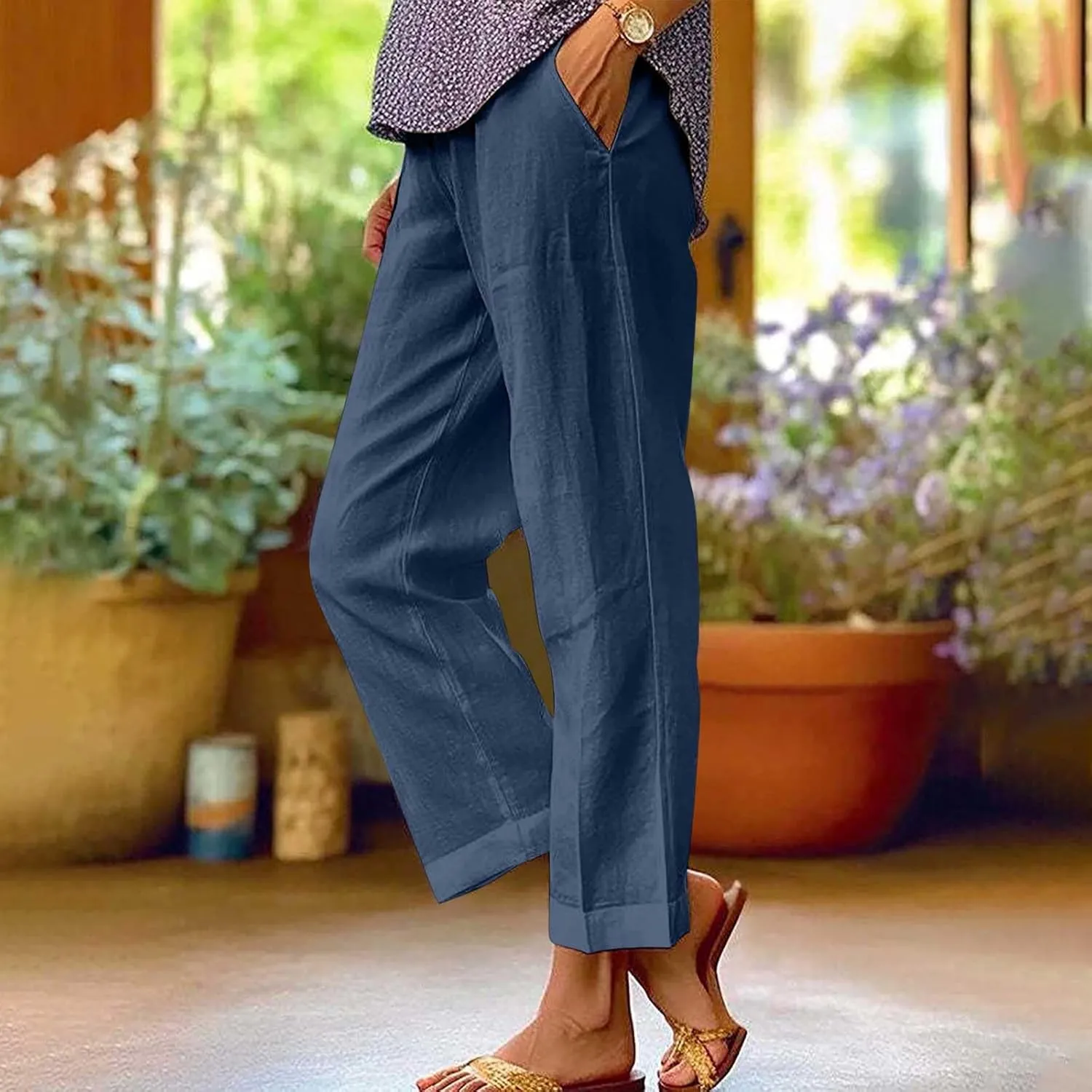 Summer Cotton Linen Pants for Women 2024 Plus Size Causal Straight Leg Cropped Lounge Pant Beach Vacation Trousers