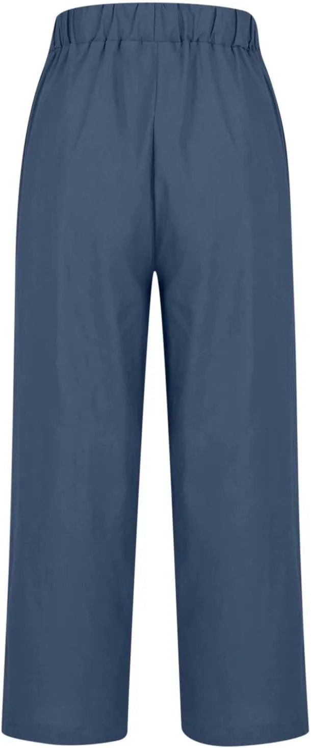 Summer Cotton Linen Pants for Women 2024 Plus Size Causal Straight Leg Cropped Lounge Pant Beach Vacation Trousers