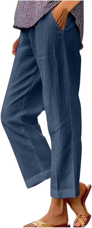 Summer Cotton Linen Pants for Women 2024 Plus Size Causal Straight Leg Cropped Lounge Pant Beach Vacation Trousers