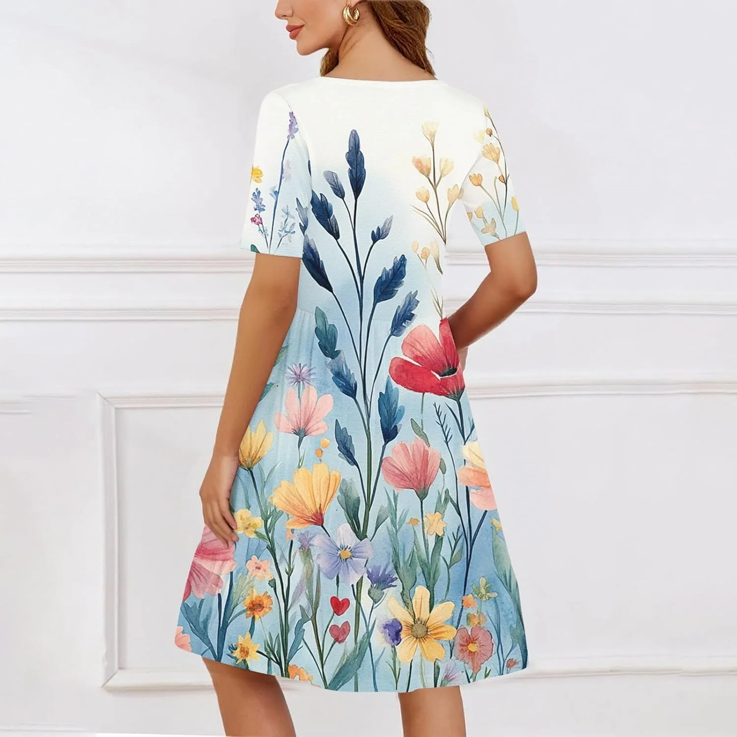 Summer Dresses for Women 2025 U Neck Short Sleeve Knee Length Floral Dress Boho Tiered Ruffle Hem Vacation Dresses