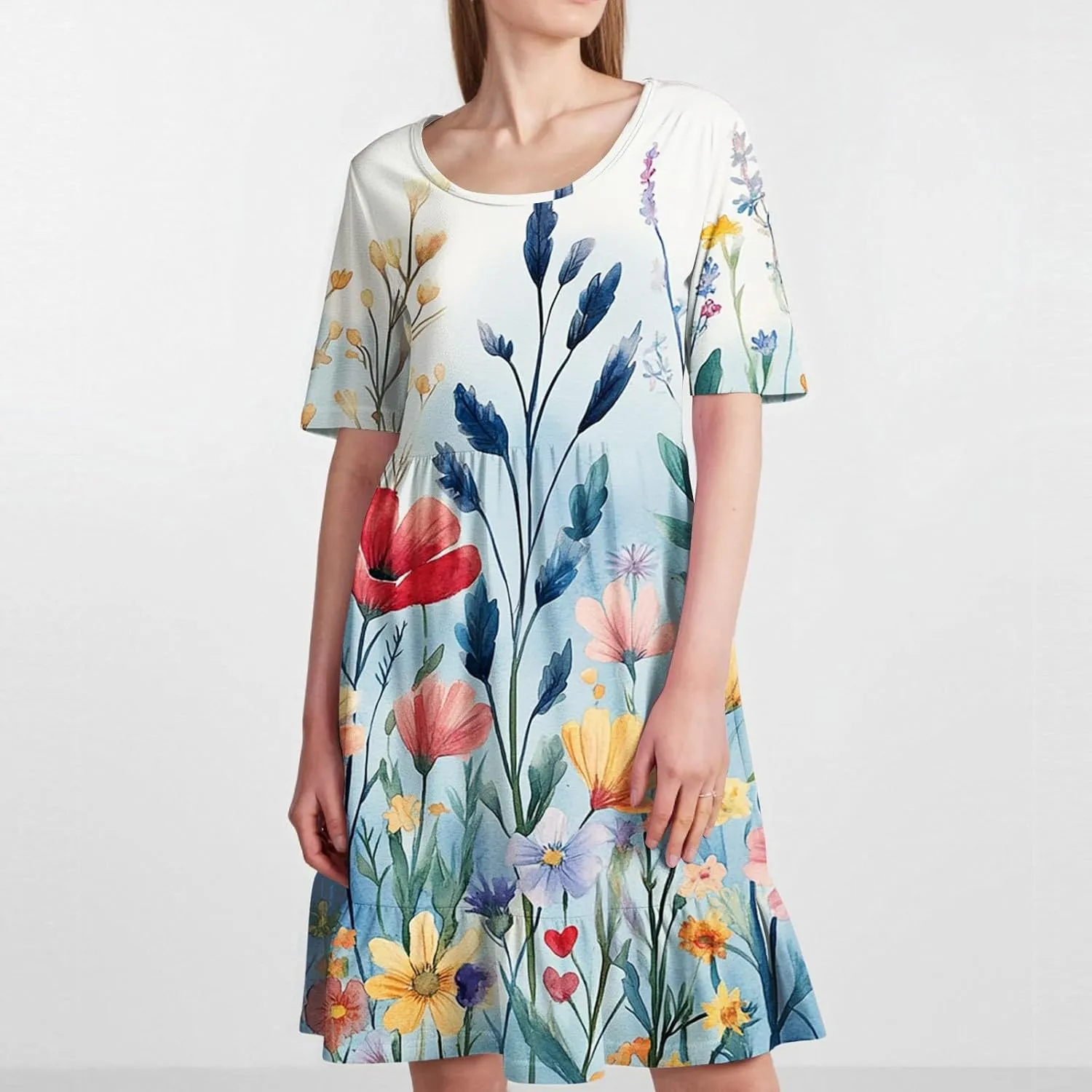 Summer Dresses for Women 2025 U Neck Short Sleeve Knee Length Floral Dress Boho Tiered Ruffle Hem Vacation Dresses