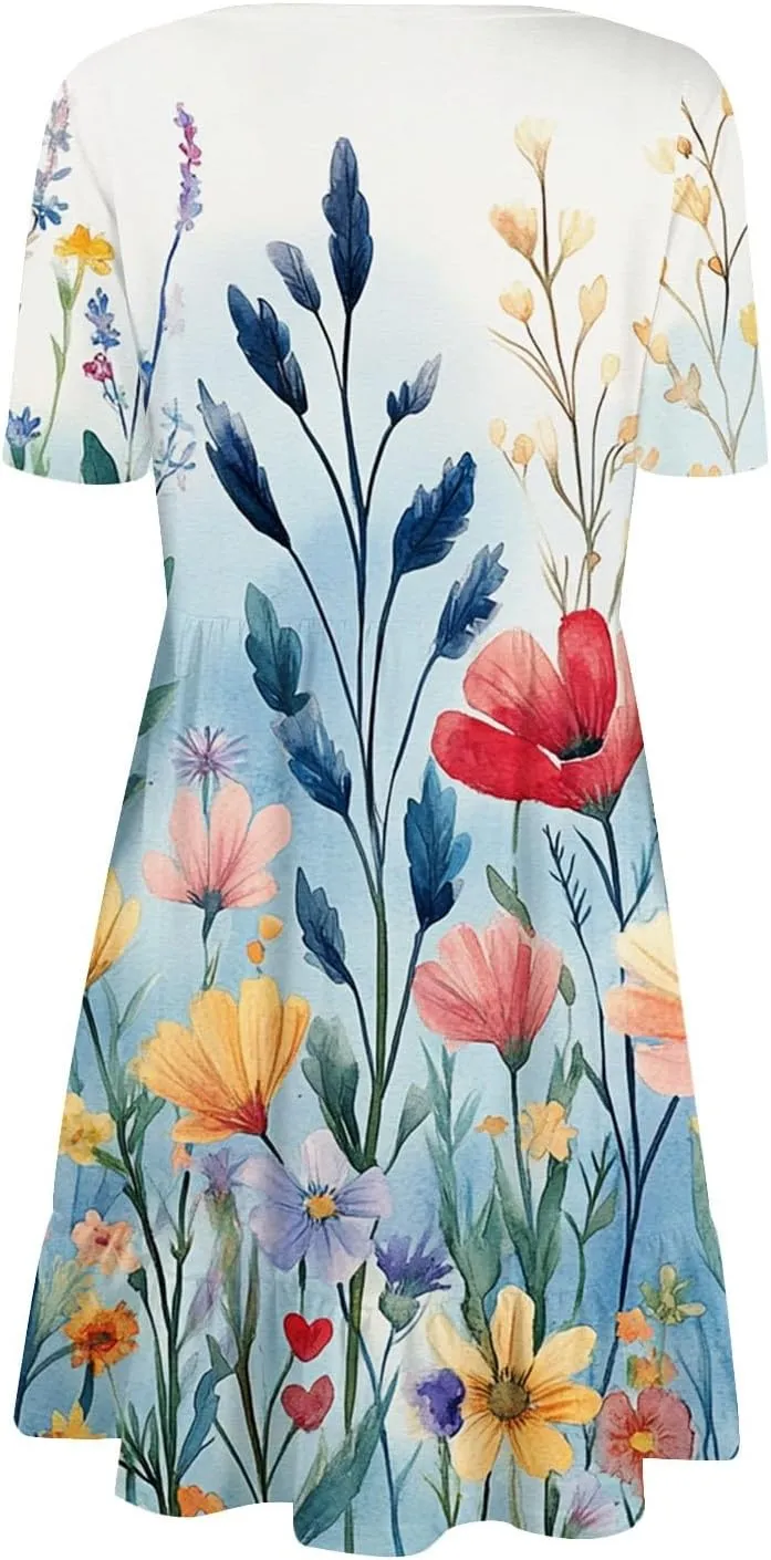 Summer Dresses for Women 2025 U Neck Short Sleeve Knee Length Floral Dress Boho Tiered Ruffle Hem Vacation Dresses