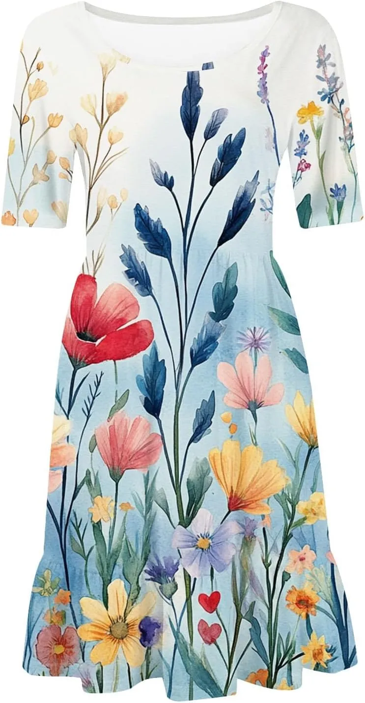 Summer Dresses for Women 2025 U Neck Short Sleeve Knee Length Floral Dress Boho Tiered Ruffle Hem Vacation Dresses