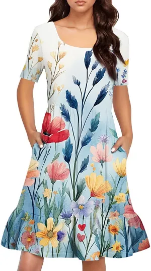 Summer Dresses for Women 2025 U Neck Short Sleeve Knee Length Floral Dress Boho Tiered Ruffle Hem Vacation Dresses