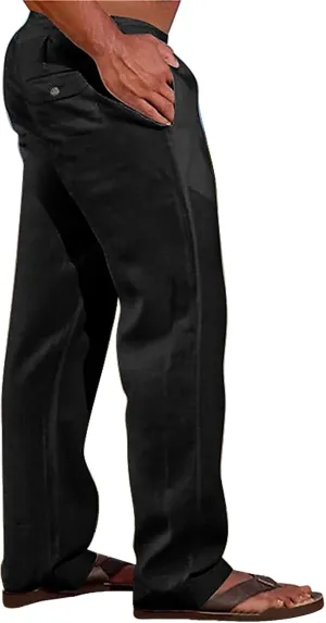 Summer Linen Dressy Pants for Mens Casual Solid Color Business Trousers Lightweight Wide Leg Cargo Sweatpants with Pockets