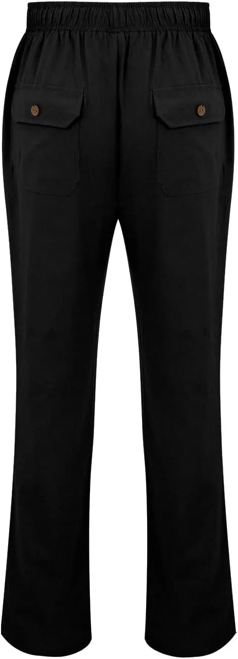Summer Linen Dressy Pants for Mens Casual Solid Color Business Trousers Lightweight Wide Leg Cargo Sweatpants with Pockets