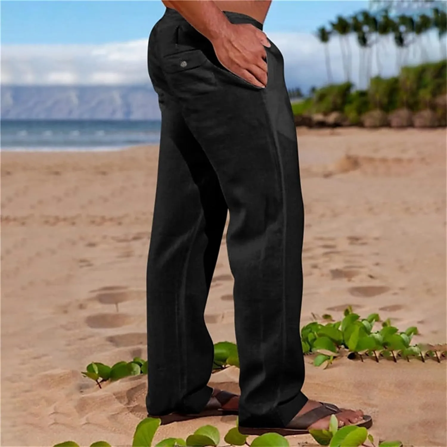 Summer Linen Dressy Pants for Mens Casual Solid Color Business Trousers Lightweight Wide Leg Cargo Sweatpants with Pockets
