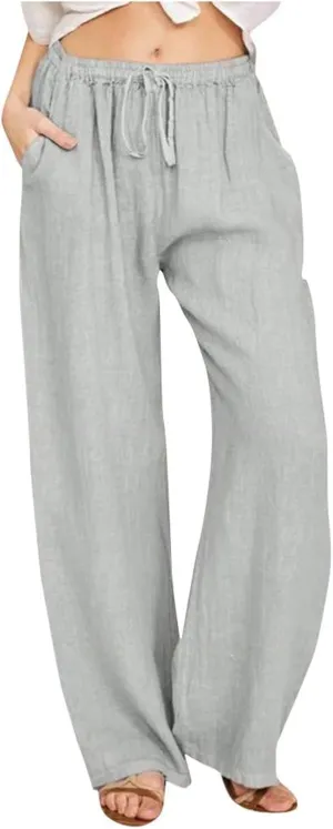 Summer Linen Pants Women Lightweight Wide Leg Palazzo Pants Loose Fit Drawstring Flowy Lounge Trousers with Pockets