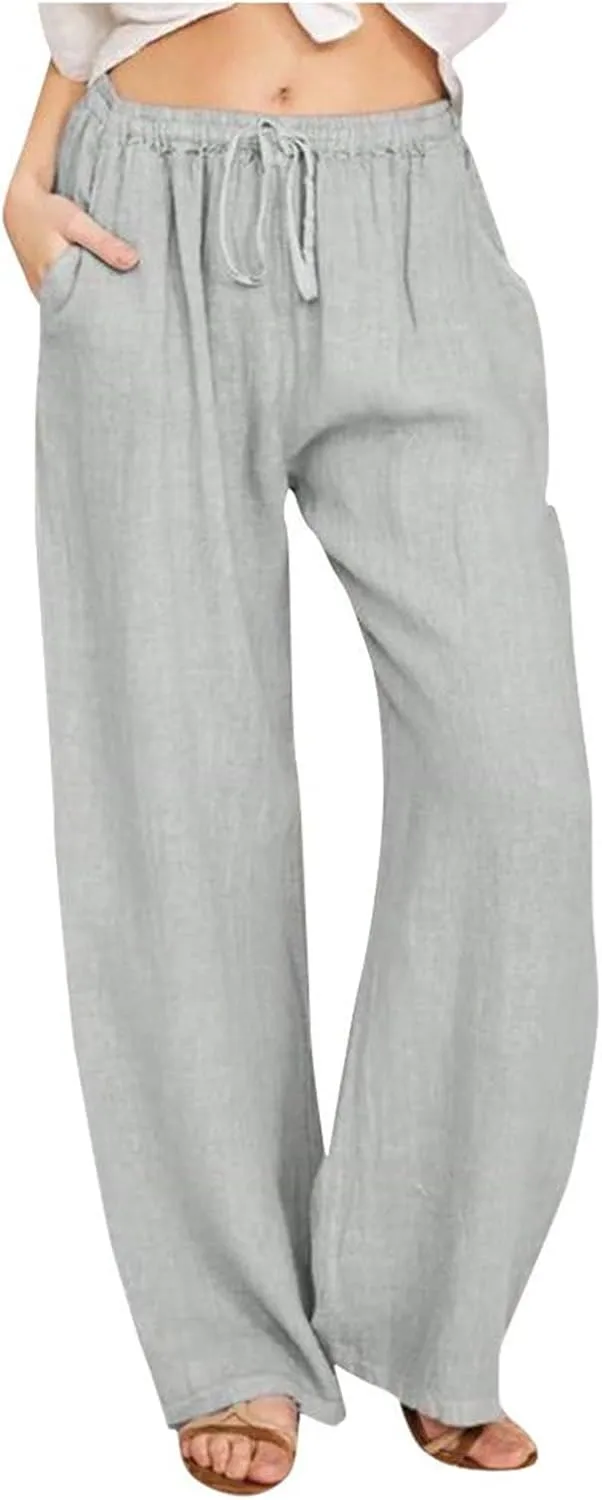 Summer Linen Pants Women Lightweight Wide Leg Palazzo Pants Loose Fit Drawstring Flowy Lounge Trousers with Pockets