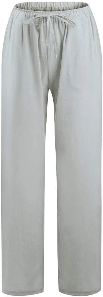Summer Linen Pants Women Lightweight Wide Leg Palazzo Pants Loose Fit Drawstring Flowy Lounge Trousers with Pockets