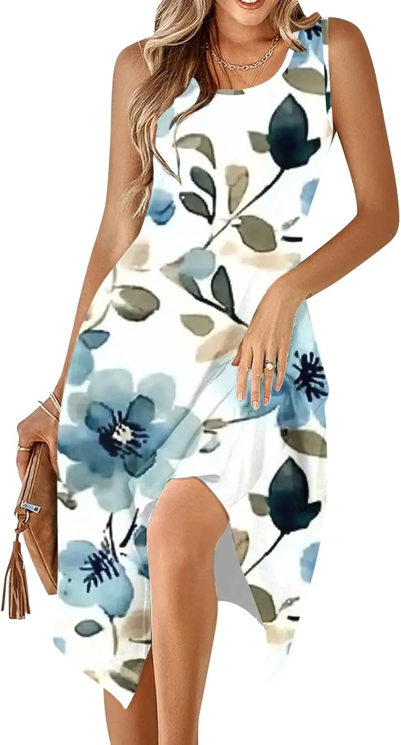 Summer Midi Dresses for Women 2025 Sleeveless Floral Boho Sundress Flowy A Line Beach Vacation Tank Dress Trendy