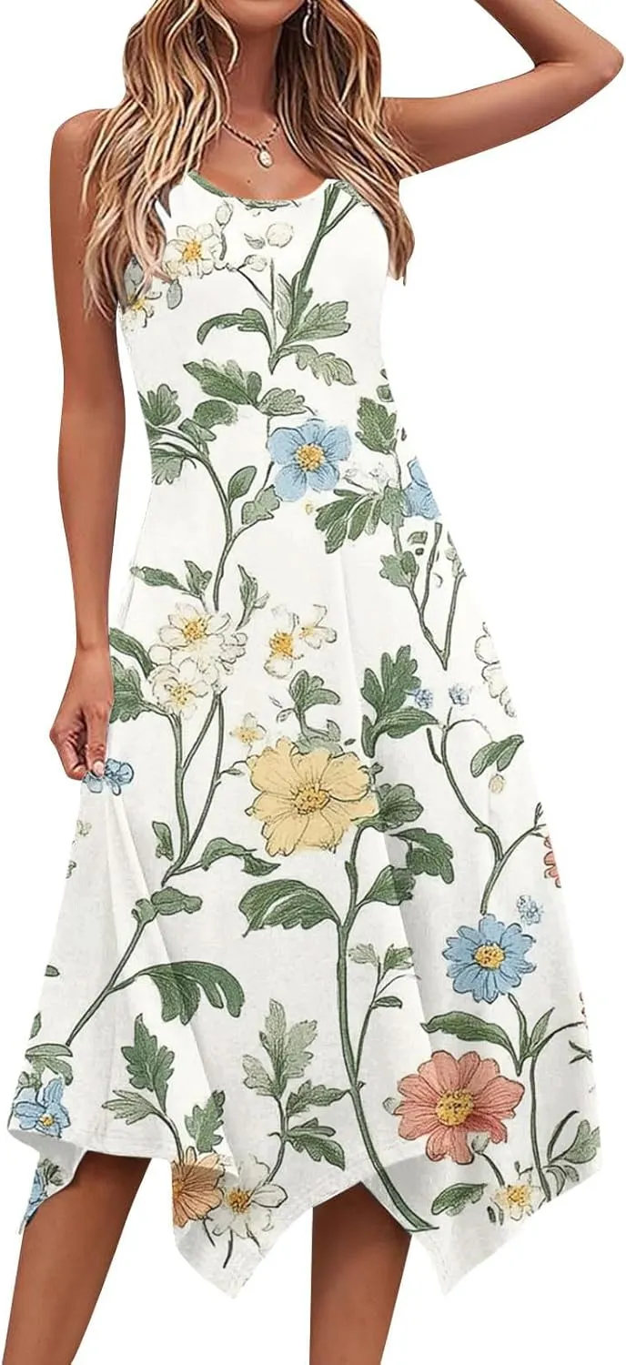 Summer Midi Dresses for Women 2025 Sleeveless Floral Boho Sundress Flowy A Line Beach Vacation Tank Dress Trendy