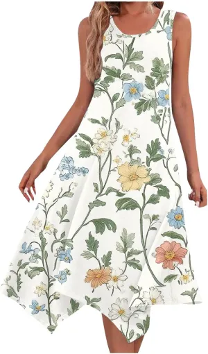 Summer Midi Dresses for Women 2025 Sleeveless Floral Boho Sundress Flowy A Line Beach Vacation Tank Dress Trendy