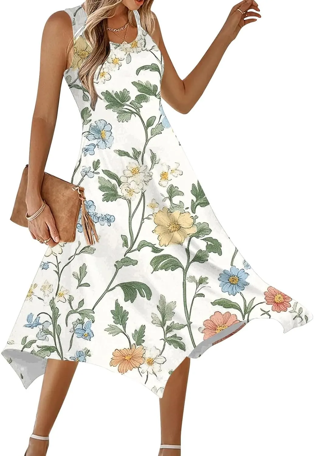 Summer Midi Dresses for Women 2025 Sleeveless Floral Boho Sundress Flowy A Line Beach Vacation Tank Dress Trendy