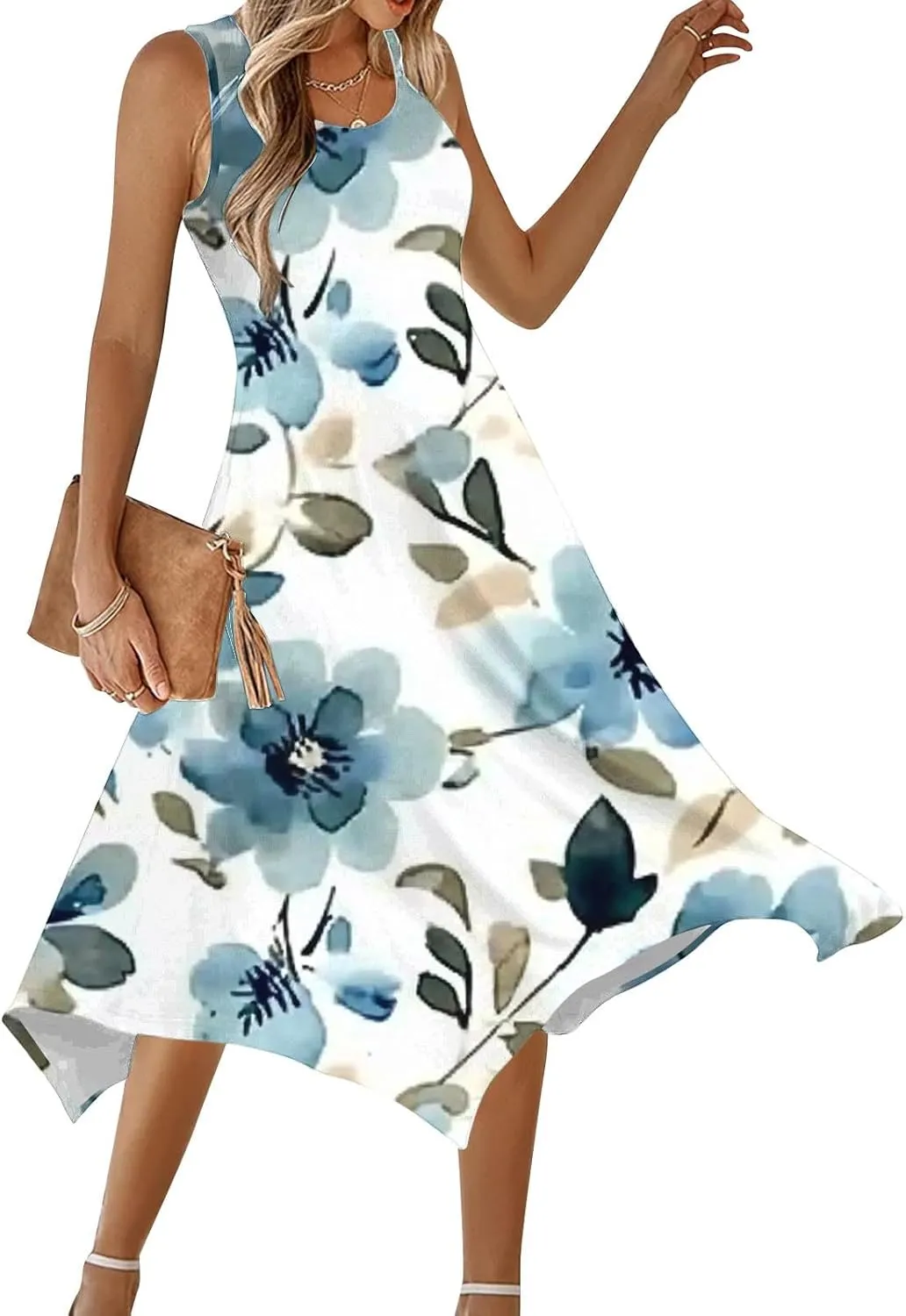 Summer Midi Dresses for Women 2025 Sleeveless Floral Boho Sundress Flowy A Line Beach Vacation Tank Dress Trendy