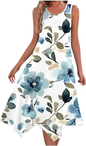 Summer Midi Dresses for Women 2025 Sleeveless Floral Boho Sundress Flowy A Line Beach Vacation Tank Dress Trendy