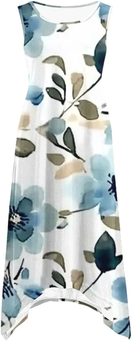 Summer Midi Dresses for Women 2025 Sleeveless Floral Boho Sundress Flowy A Line Beach Vacation Tank Dress Trendy