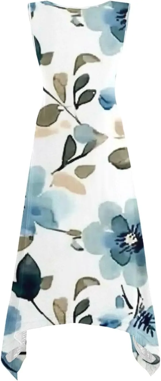 Summer Midi Dresses for Women 2025 Sleeveless Floral Boho Sundress Flowy A Line Beach Vacation Tank Dress Trendy