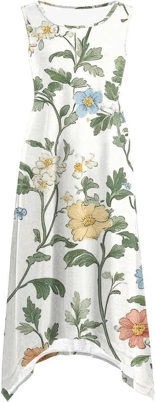 Summer Midi Dresses for Women 2025 Sleeveless Floral Boho Sundress Flowy A Line Beach Vacation Tank Dress Trendy