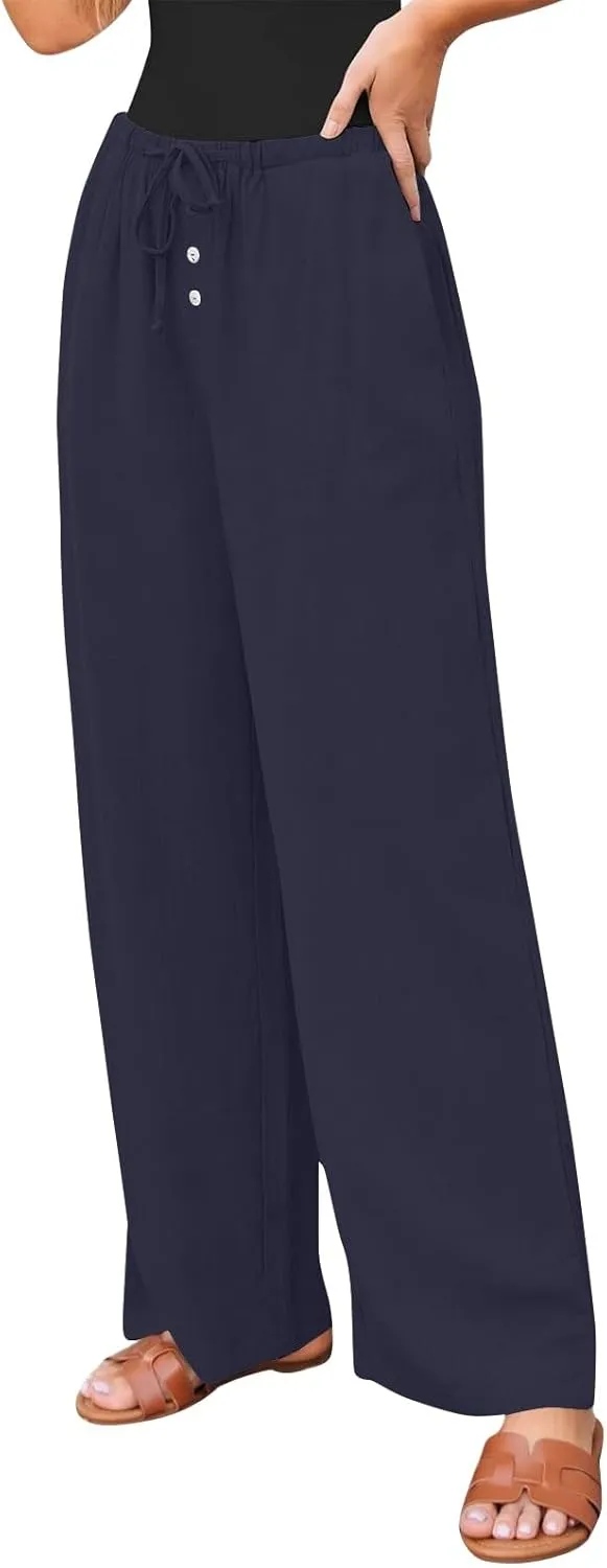 Summer Pants for Women Baggy Linen Elastic 2025 Pants Wide Leg Beach High Waisted with Pocket Solid Outfit Resort Wear