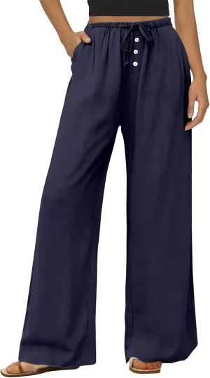 Summer Pants for Women Baggy Linen Elastic 2025 Pants Wide Leg Beach High Waisted with Pocket Solid Outfit Resort Wear