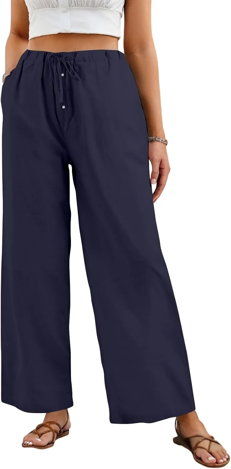 Summer Pants for Women Baggy Linen Elastic 2025 Pants Wide Leg Beach High Waisted with Pocket Solid Outfit Resort Wear