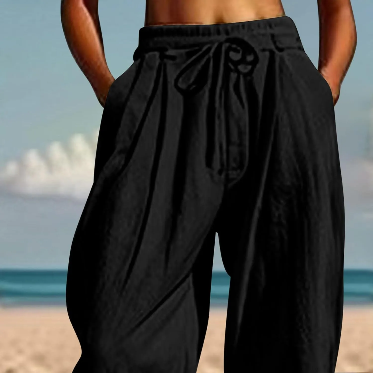 Summer Pants for Women Cotton Linen Wide Leg Pants Close Bottom Joggers Elastic Waist Casual Trousers with Pockets
