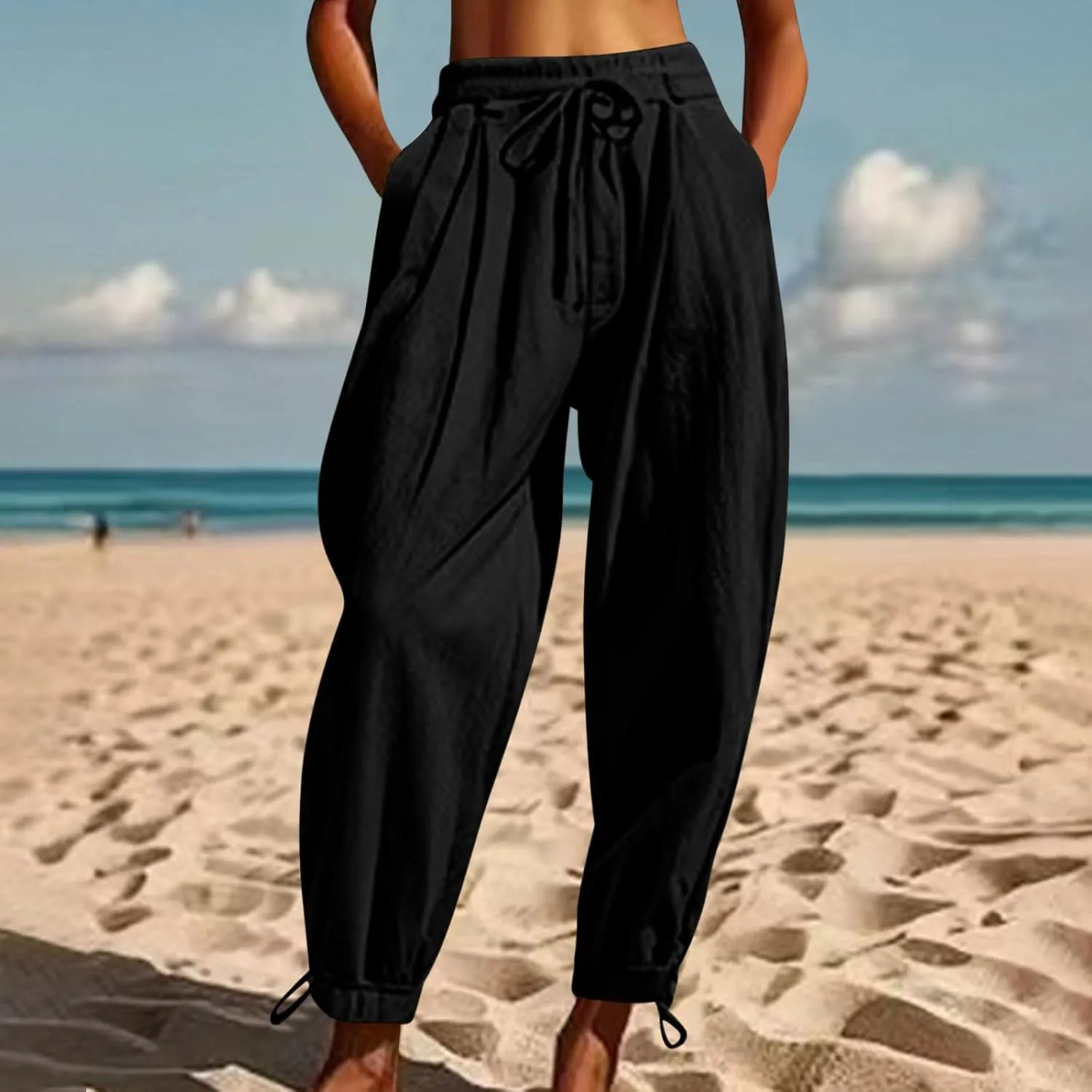 Summer Pants for Women Cotton Linen Wide Leg Pants Close Bottom Joggers Elastic Waist Casual Trousers with Pockets