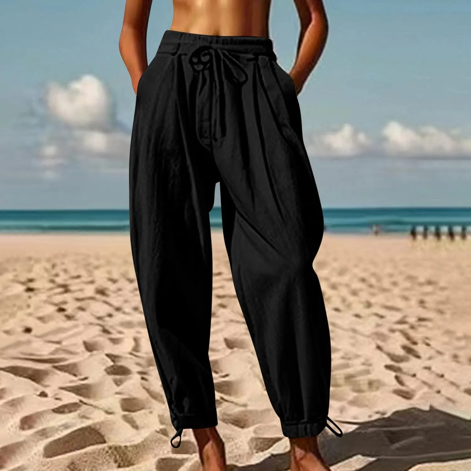 Summer Pants for Women Cotton Linen Wide Leg Pants Close Bottom Joggers Elastic Waist Casual Trousers with Pockets