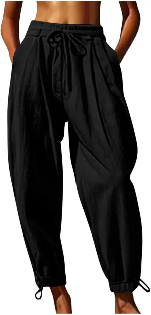 Summer Pants for Women Cotton Linen Wide Leg Pants Close Bottom Joggers Elastic Waist Casual Trousers with Pockets