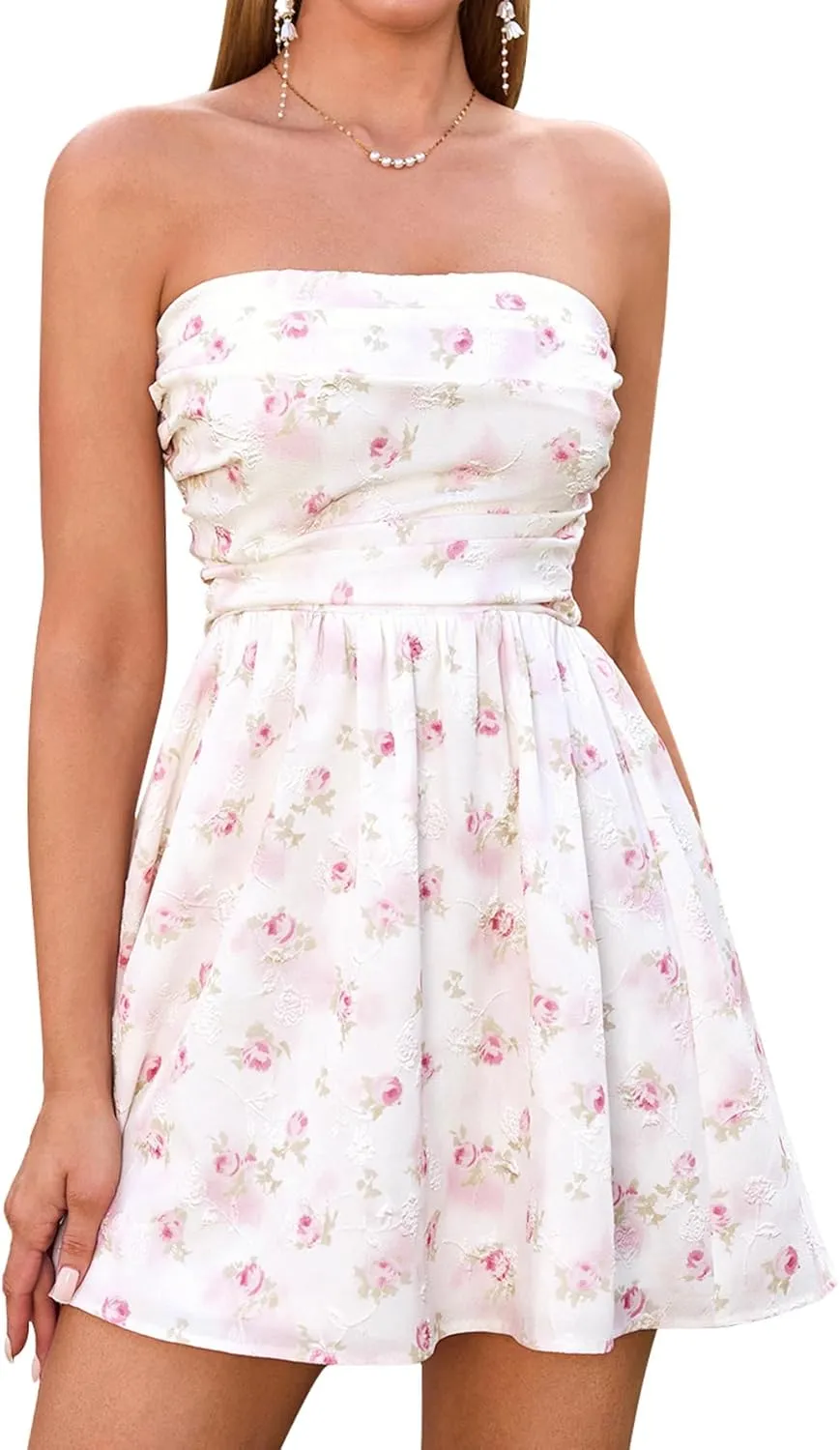 Summer Strapless Mini Dress Sleeveless Smocked Flowy A Line Beach Tube Top Dresses for Women 2025