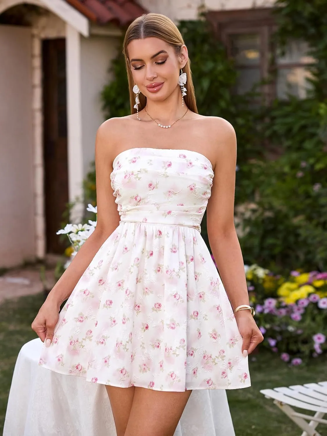 Summer Strapless Mini Dress Sleeveless Smocked Flowy A Line Beach Tube Top Dresses for Women 2025