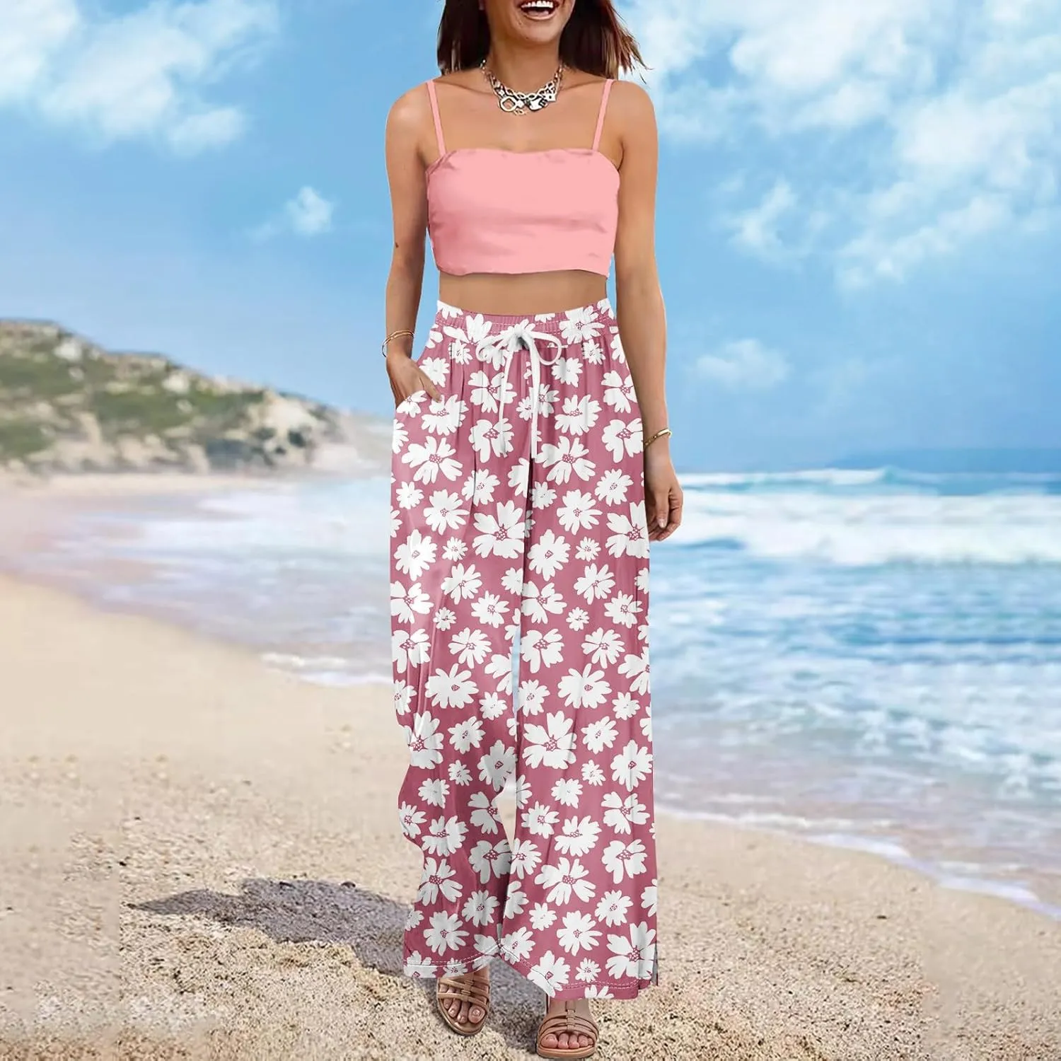 Summer Wide Leg Pants High Waistd Beach Palazzo Pants Side Split Drawstring Elastic Waist Floral Print Pockets Trouser