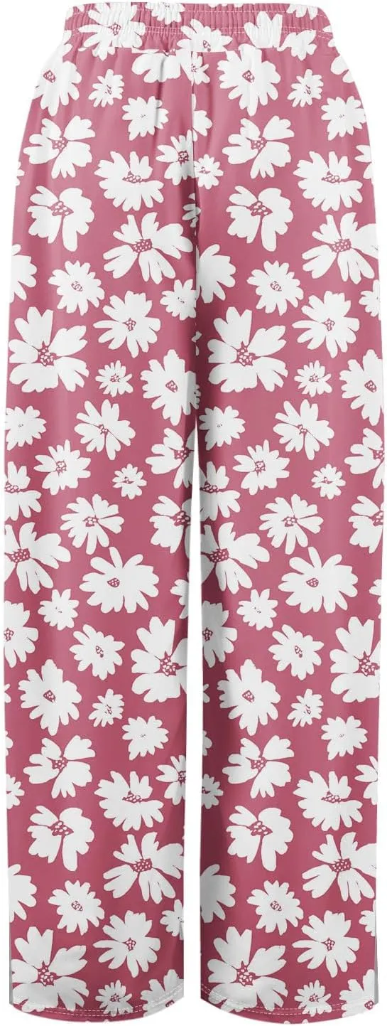 Summer Wide Leg Pants High Waistd Beach Palazzo Pants Side Split Drawstring Elastic Waist Floral Print Pockets Trouser
