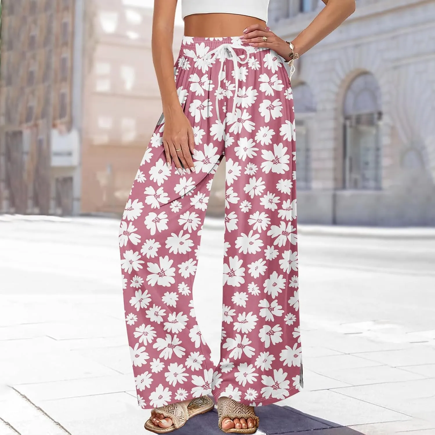 Summer Wide Leg Pants High Waistd Beach Palazzo Pants Side Split Drawstring Elastic Waist Floral Print Pockets Trouser