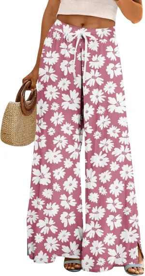 Summer Wide Leg Pants High Waistd Beach Palazzo Pants Side Split Drawstring Elastic Waist Floral Print Pockets Trouser