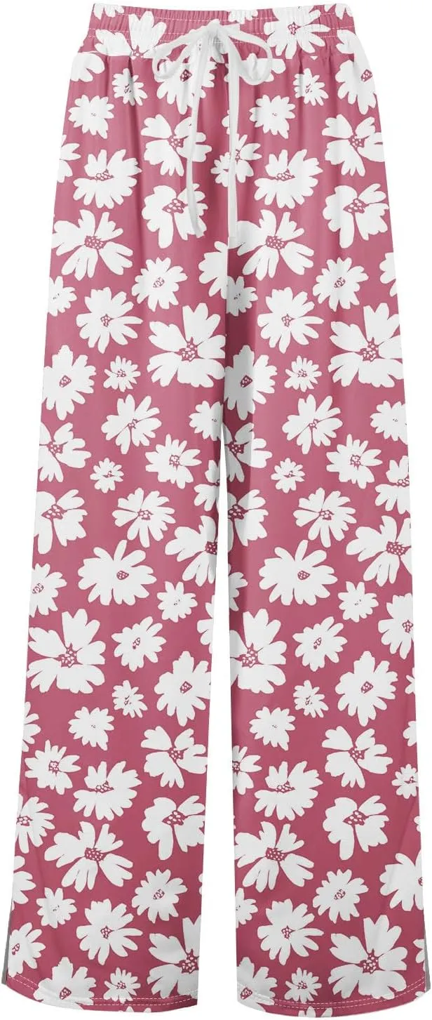 Summer Wide Leg Pants High Waistd Beach Palazzo Pants Side Split Drawstring Elastic Waist Floral Print Pockets Trouser